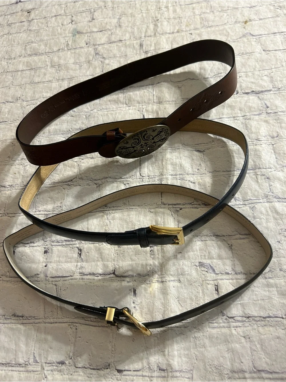 LIZ CLAIBORNE (3) VTG LEATHER BELTS DECORATIVE BUCKLES BLACK & BROWN